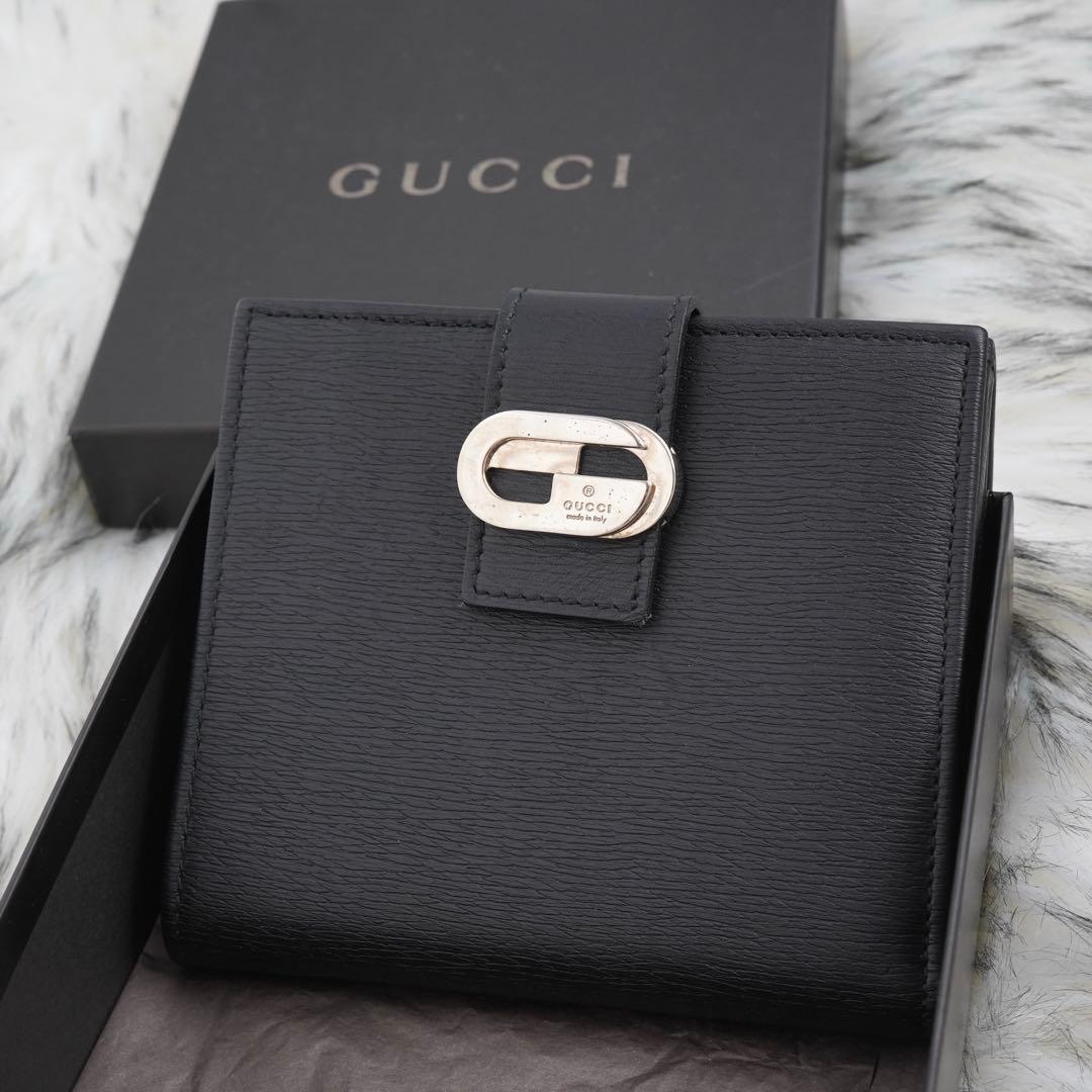 未使用品　箱付き　GUCCI グッチ　二つ折り財布　レザー　ロゴグラム　ブラック