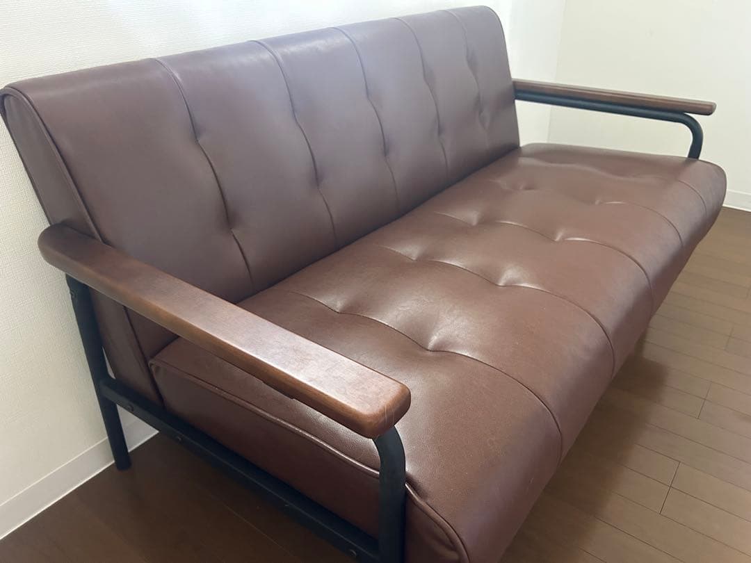 美品】2人掛けブラウン合成皮革ソファ