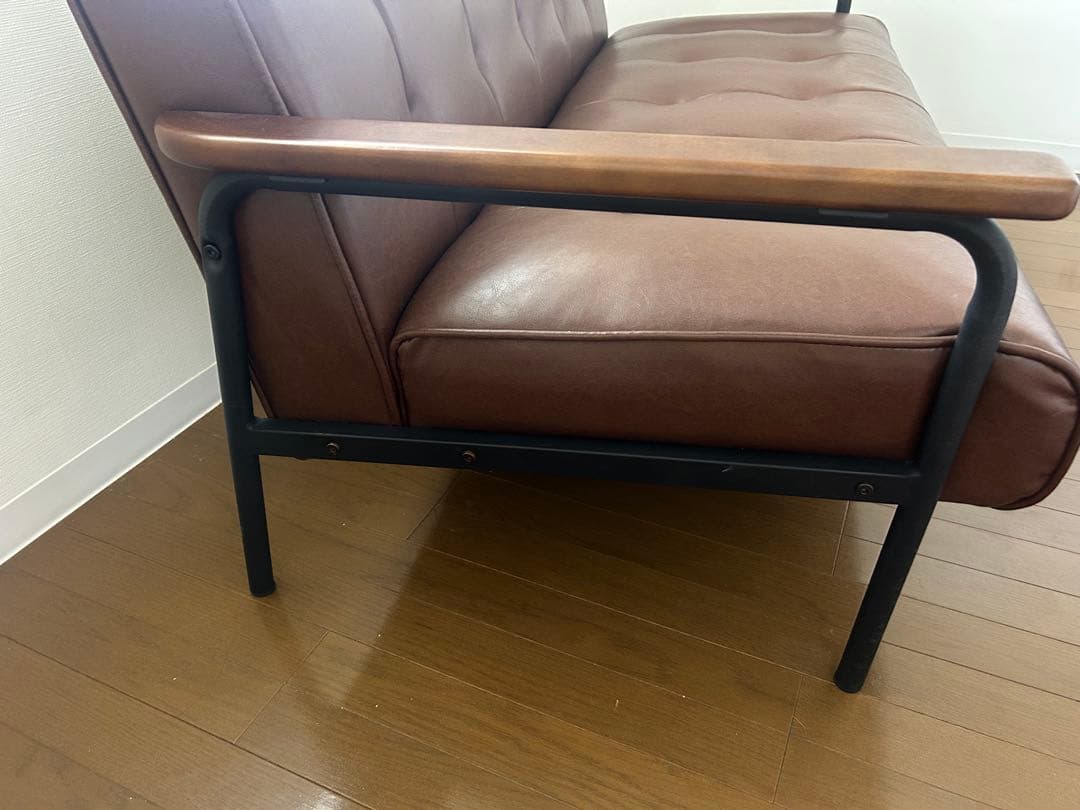美品】2人掛けブラウン合成皮革ソファ