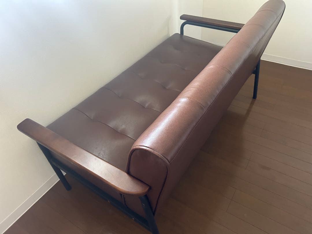 美品】2人掛けブラウン合成皮革ソファ
