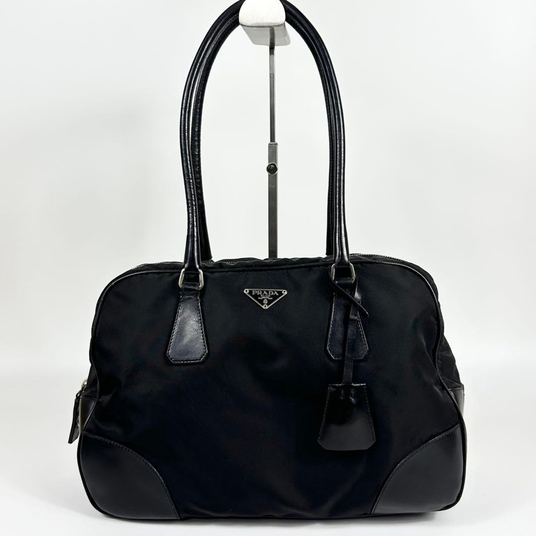 00AW PRADA レザーナイロンボストンバッグ 黒 3角ロゴ