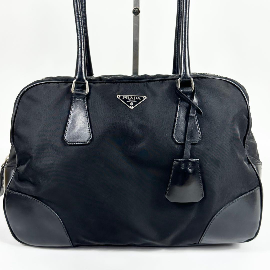 00AW PRADA レザーナイロンボストンバッグ 黒 3角ロゴ