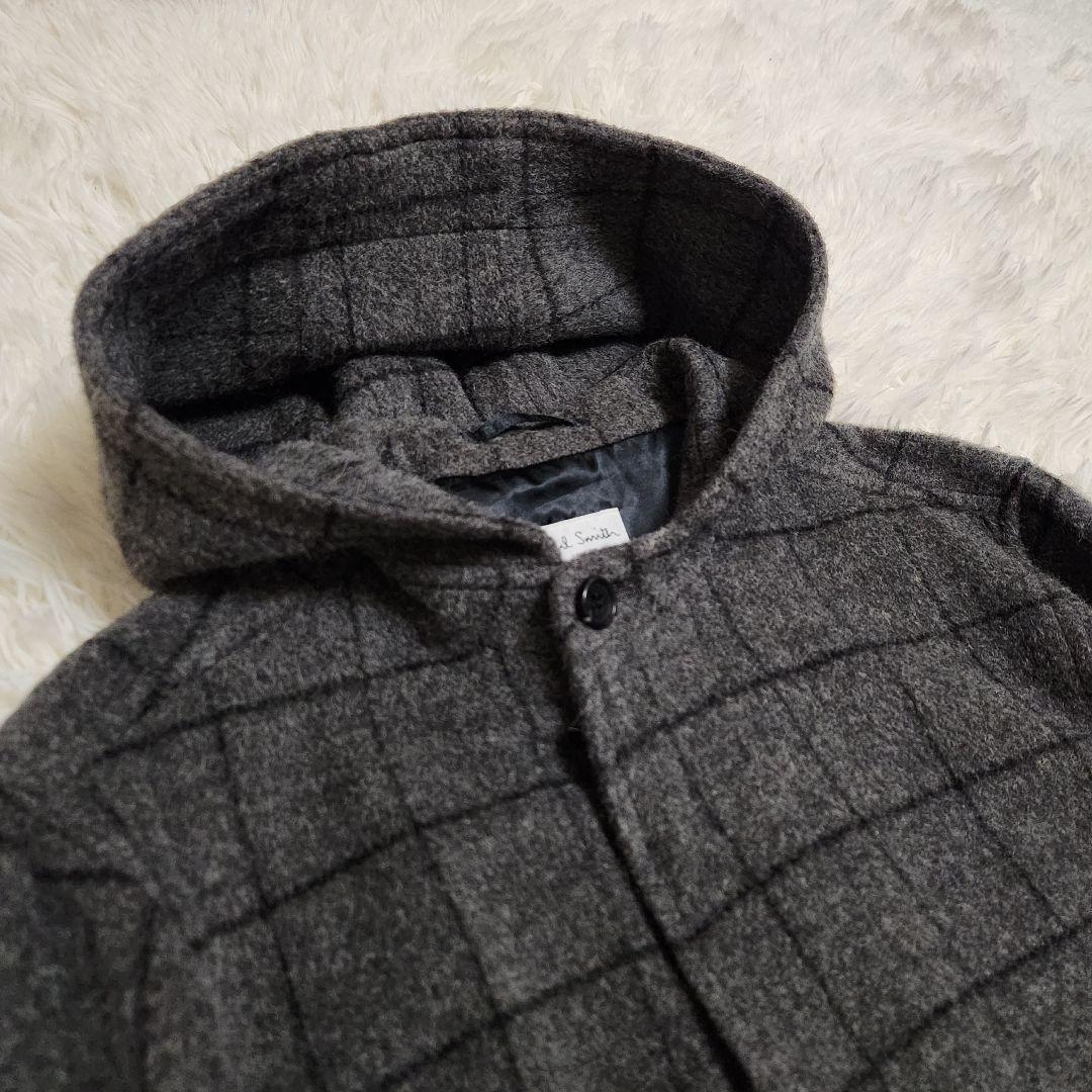 【美品】ポールスミス アルパカ混 チェック 比翼 ロング フーデッドコート