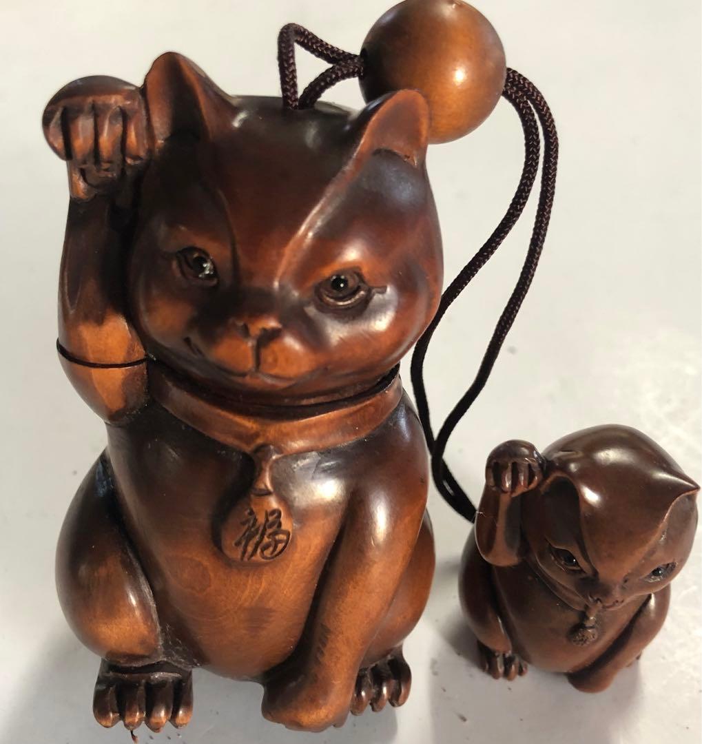 印籠、根付インロ商売繁盛招き猫手作りアンティークオブジェインテリア現品無料発送