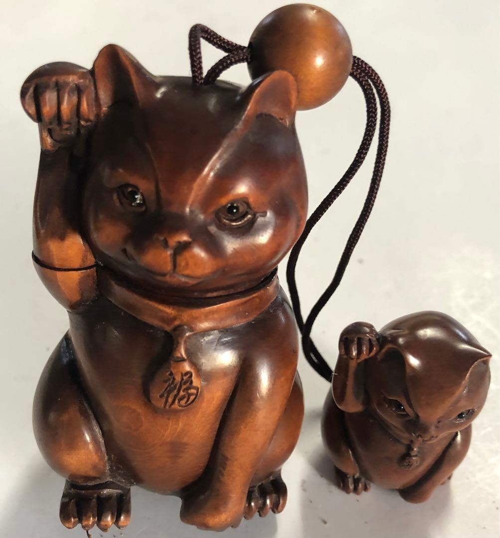 印籠、根付インロ商売繁盛招き猫手作りアンティークオブジェインテリア現品無料発送