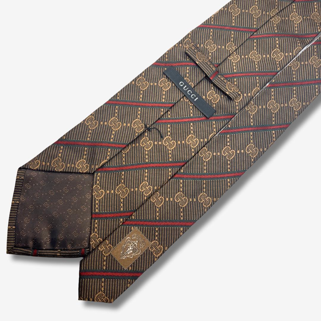 GUCCI シルクネクタイ GGロゴ シェリーライン ストライプ ブラウン