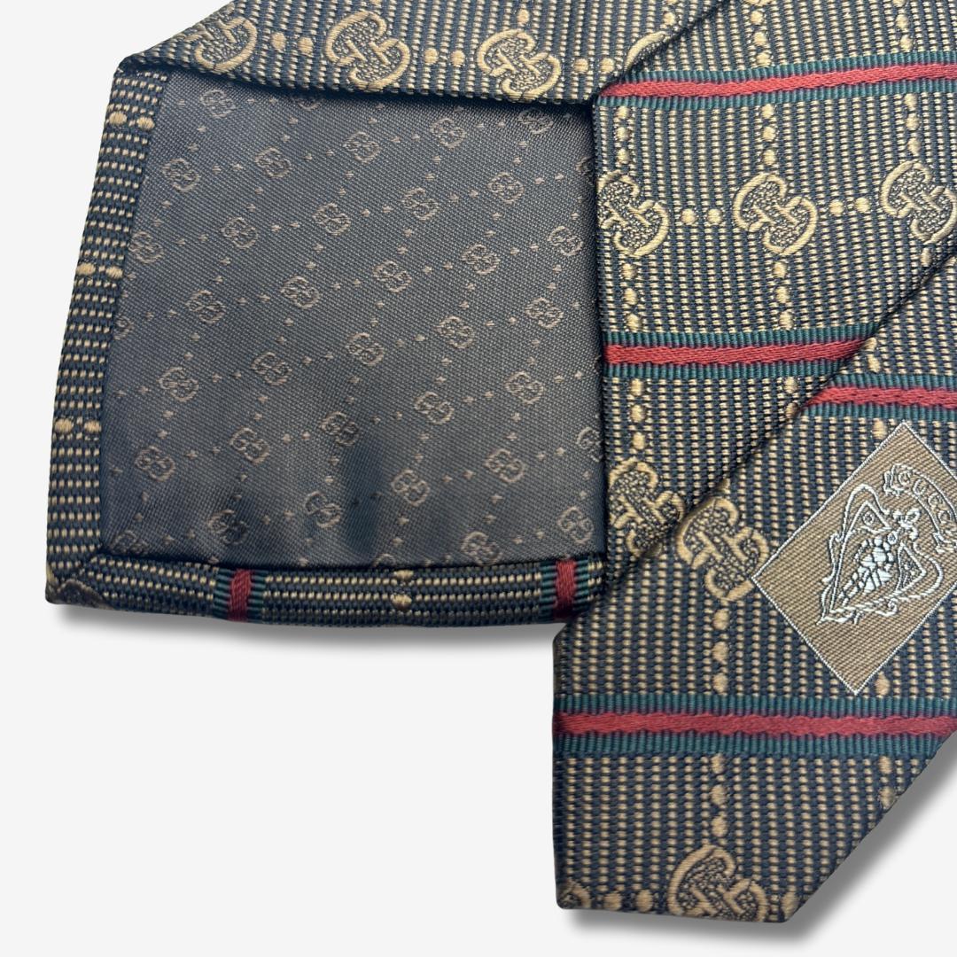 GUCCI シルクネクタイ GGロゴ シェリーライン ストライプ ブラウン