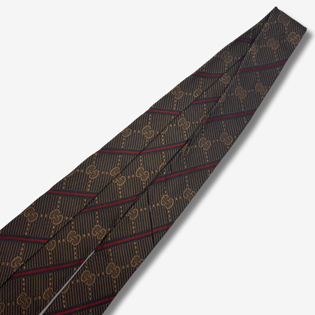 GUCCI シルクネクタイ GGロゴ シェリーライン ストライプ ブラウン
