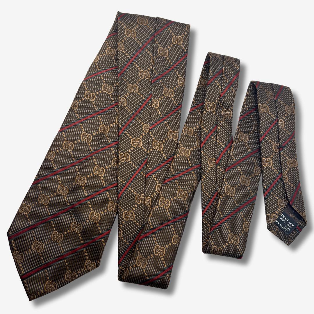 GUCCI シルクネクタイ GGロゴ シェリーライン ストライプ ブラウン