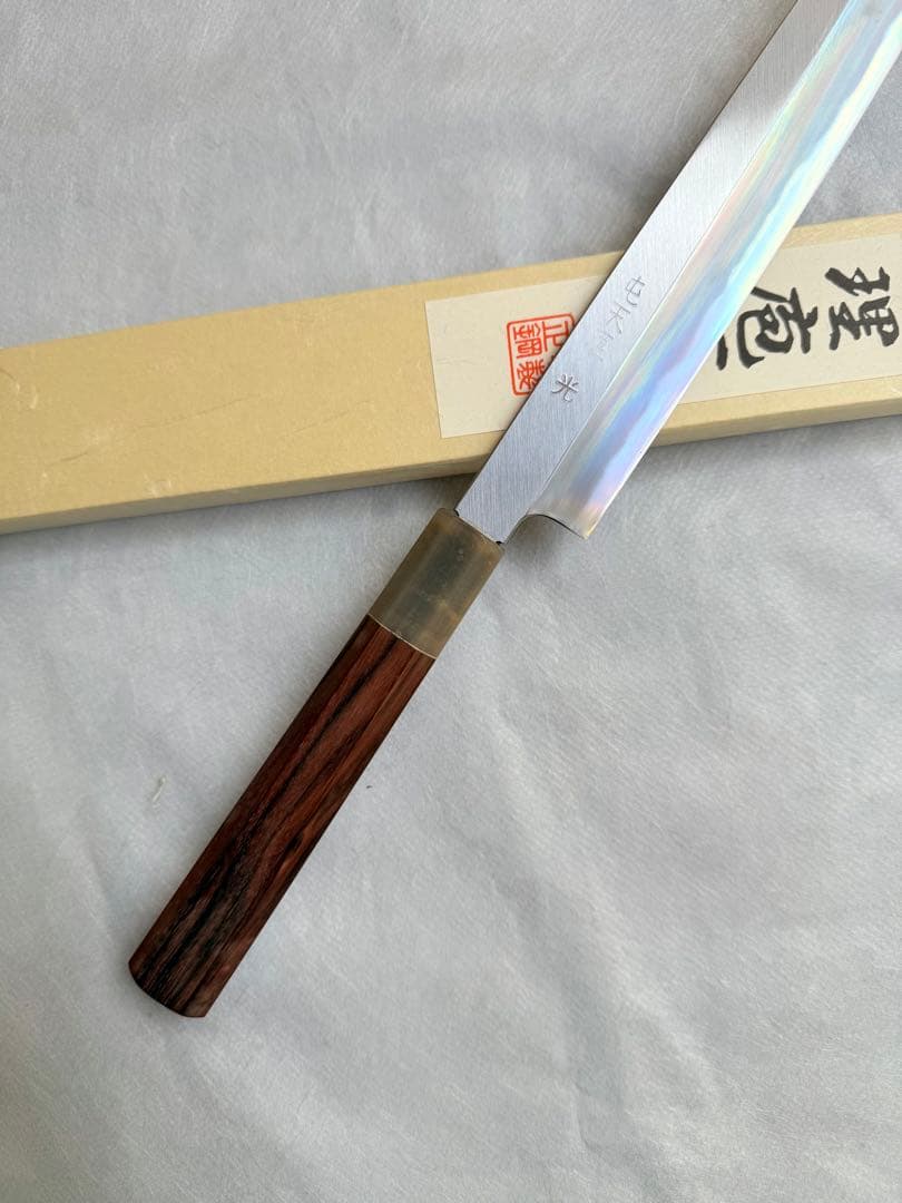 【堺打刃物】　森本光一作　刺身 柳刃　包丁　白鋼　9寸　縞黒檀水牛角柄