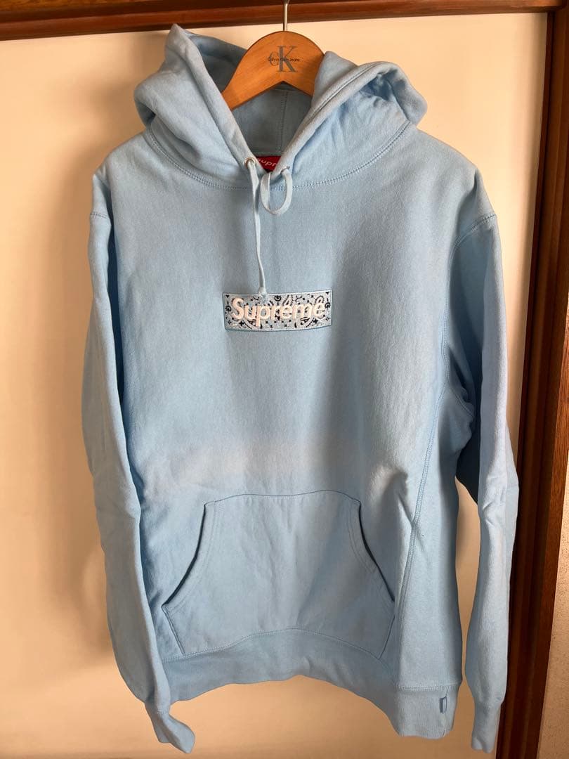 supreme 希少19s BOXロゴ刺繍パーカー　ライトブルー