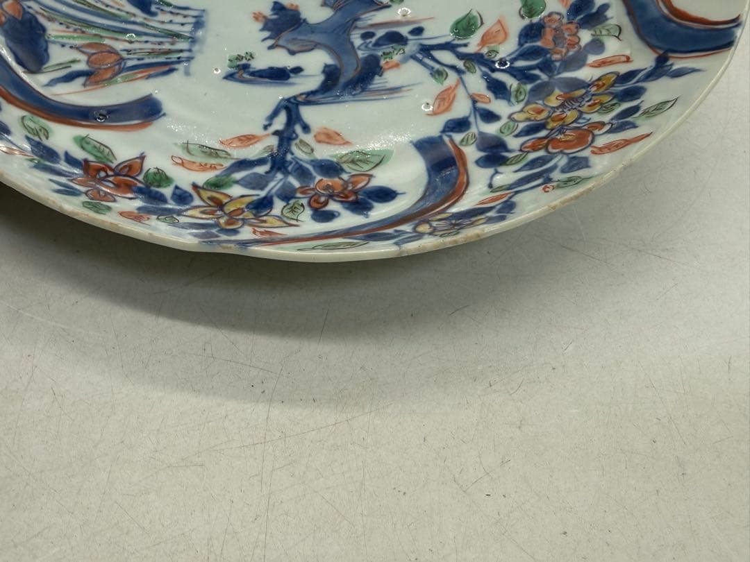 中国　明時代　南京赤絵草花捻文皿　青華五彩　共箱　アンティーク　送料込み1219