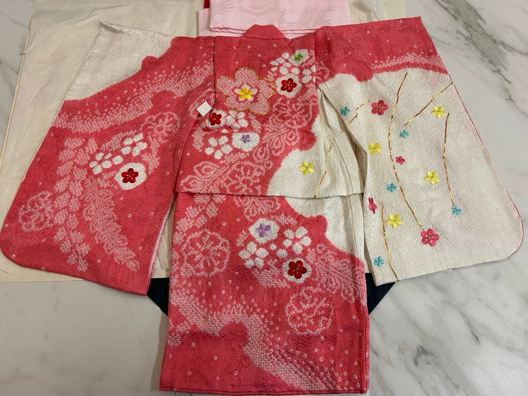 女の子七五三♡3歳♡ピンク 花柄刺繍 正絹高級お着物フルセット