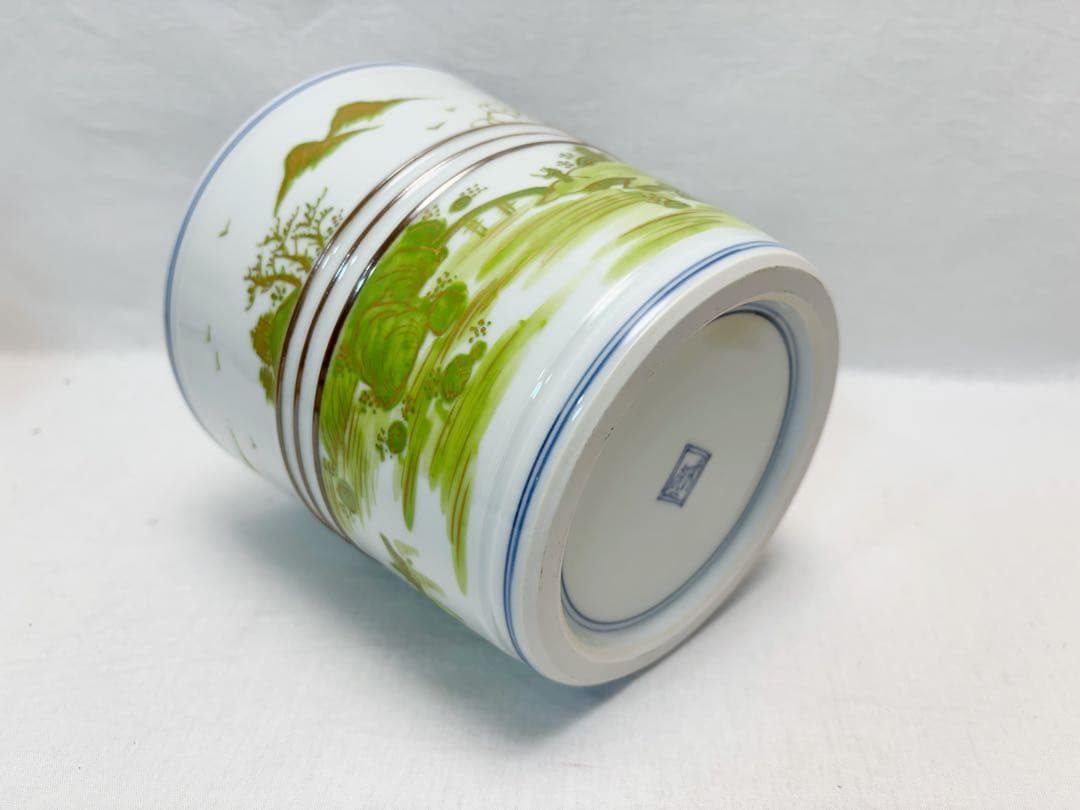 未使用 茶道具 平安 秀峰作 緑地山水絵 水指 印 水差 茶器 茶事 共布 共箱