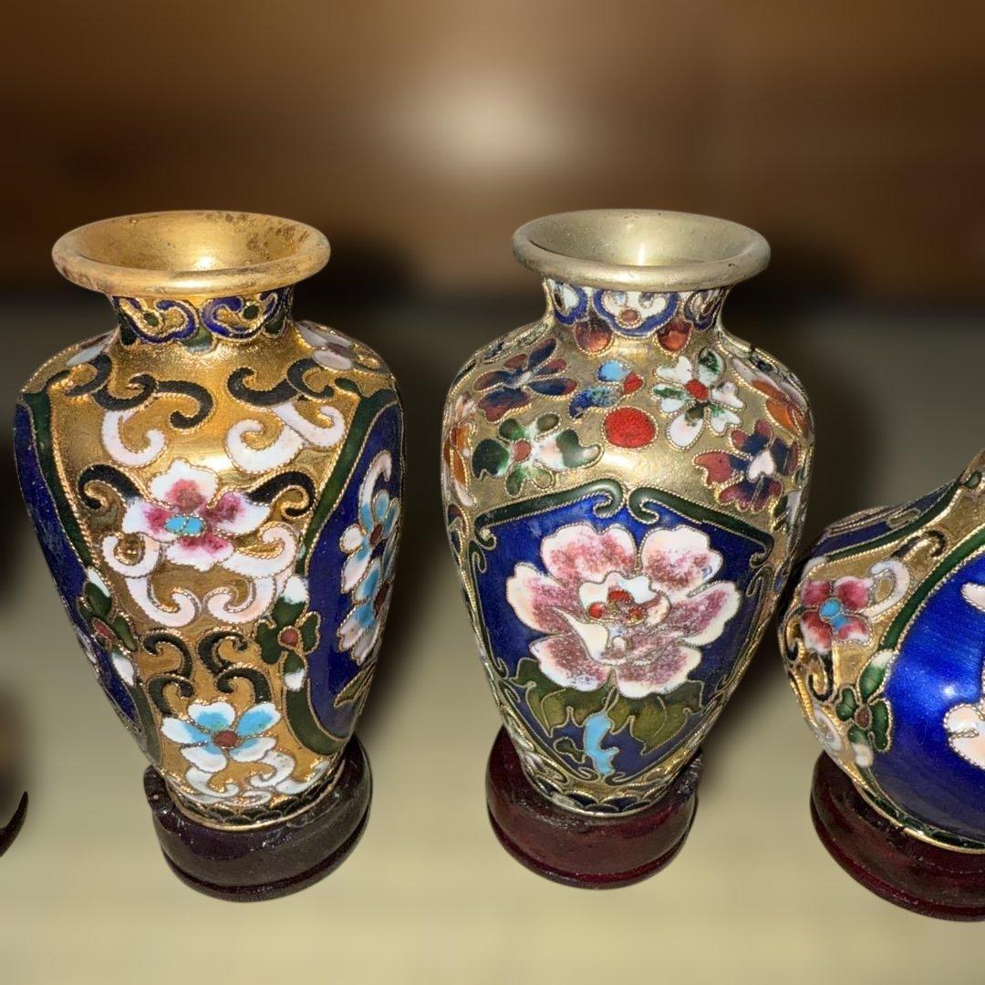 骨董品 エナメル装飾の金属花瓶セット 5点