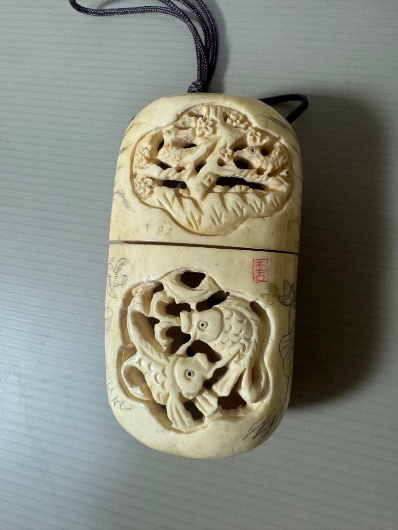 2122 骨董　根付布袋様七福神　根付彫刻煙草入れ　時代物