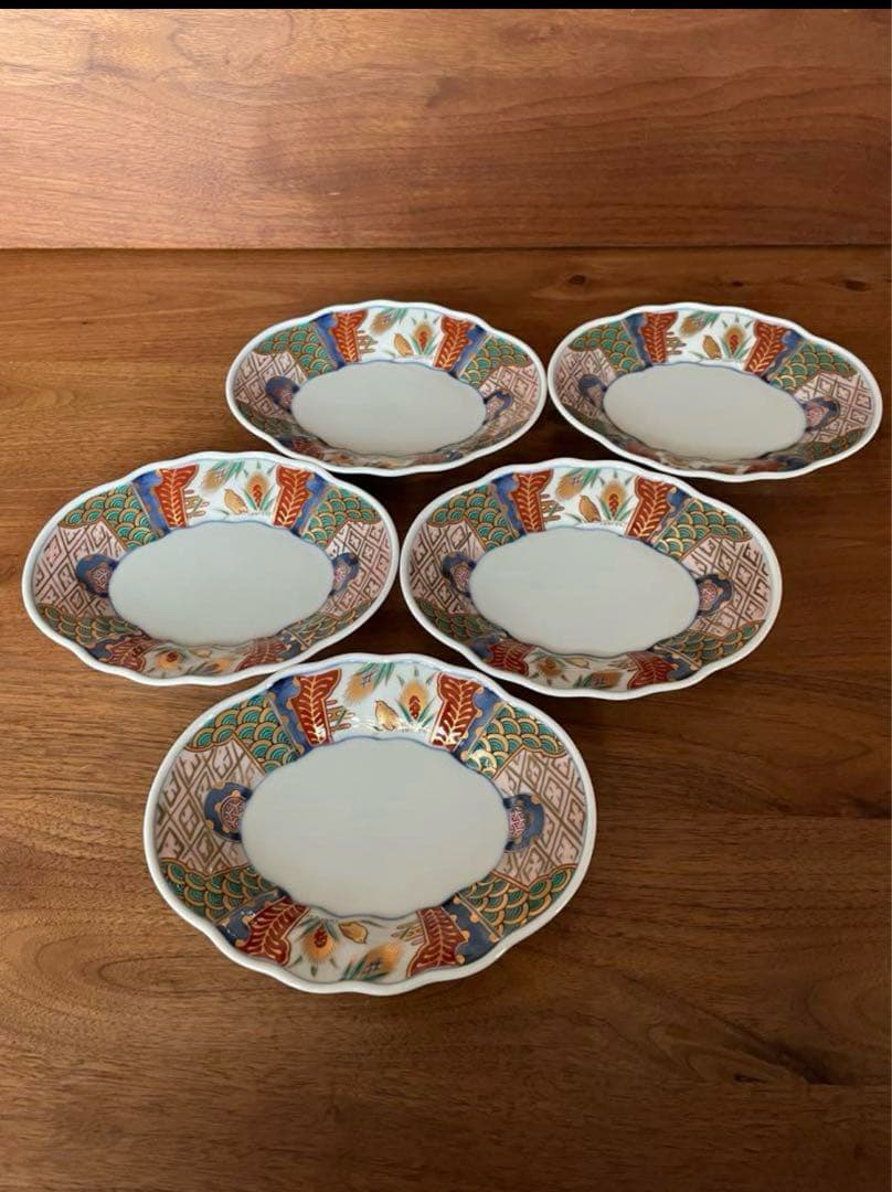 美品　長春富貴　伊万里　取り皿　古伊万里　菱形　金彩色絵　豪華　5枚セット