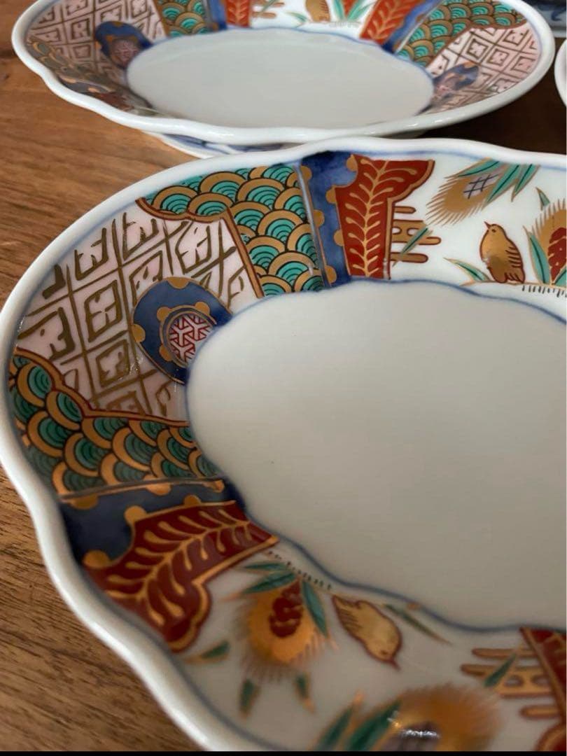 美品　長春富貴　伊万里　取り皿　古伊万里　菱形　金彩色絵　豪華　5枚セット