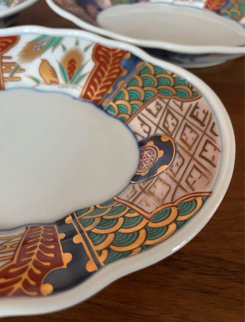 美品　長春富貴　伊万里　取り皿　古伊万里　菱形　金彩色絵　豪華　5枚セット