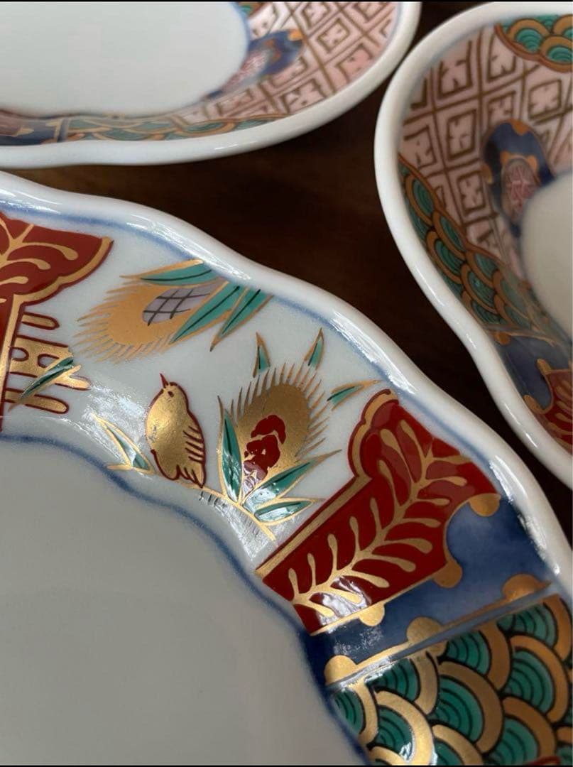 美品　長春富貴　伊万里　取り皿　古伊万里　菱形　金彩色絵　豪華　5枚セット