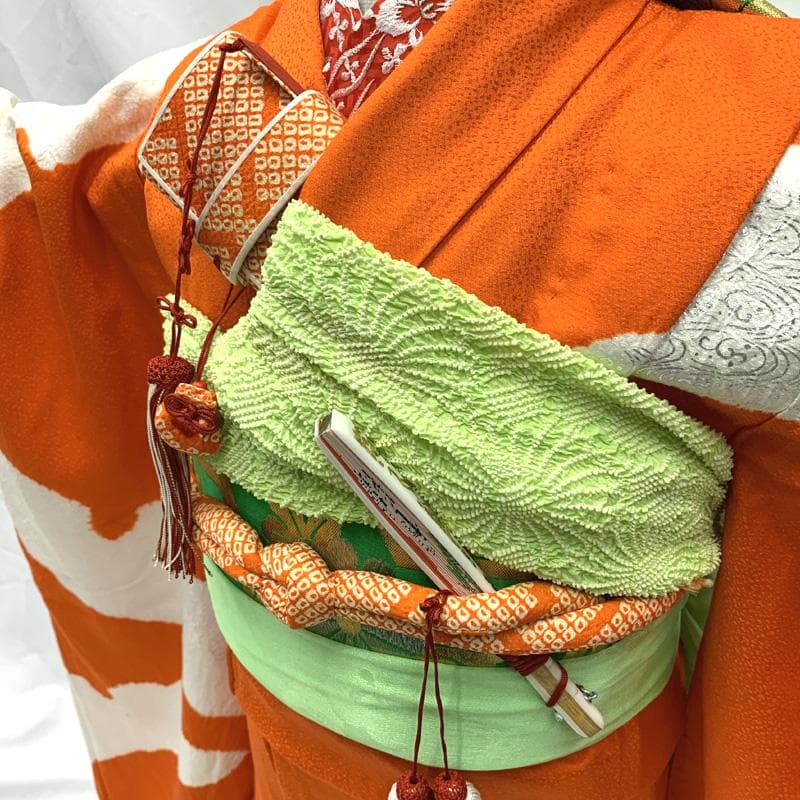 409ag21□七五三 七歳 女児 着物&袋帯 金駒刺繍 絞染め 扇□状態良好
