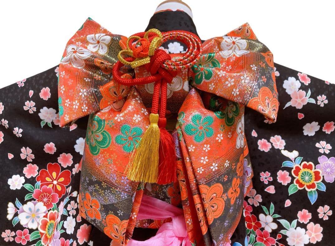 7歳用 花柄着物 黒・ピンク