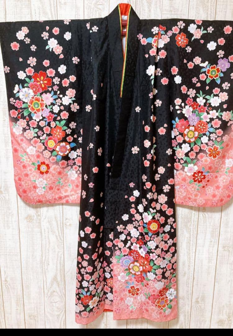 7歳用 花柄着物 黒・ピンク