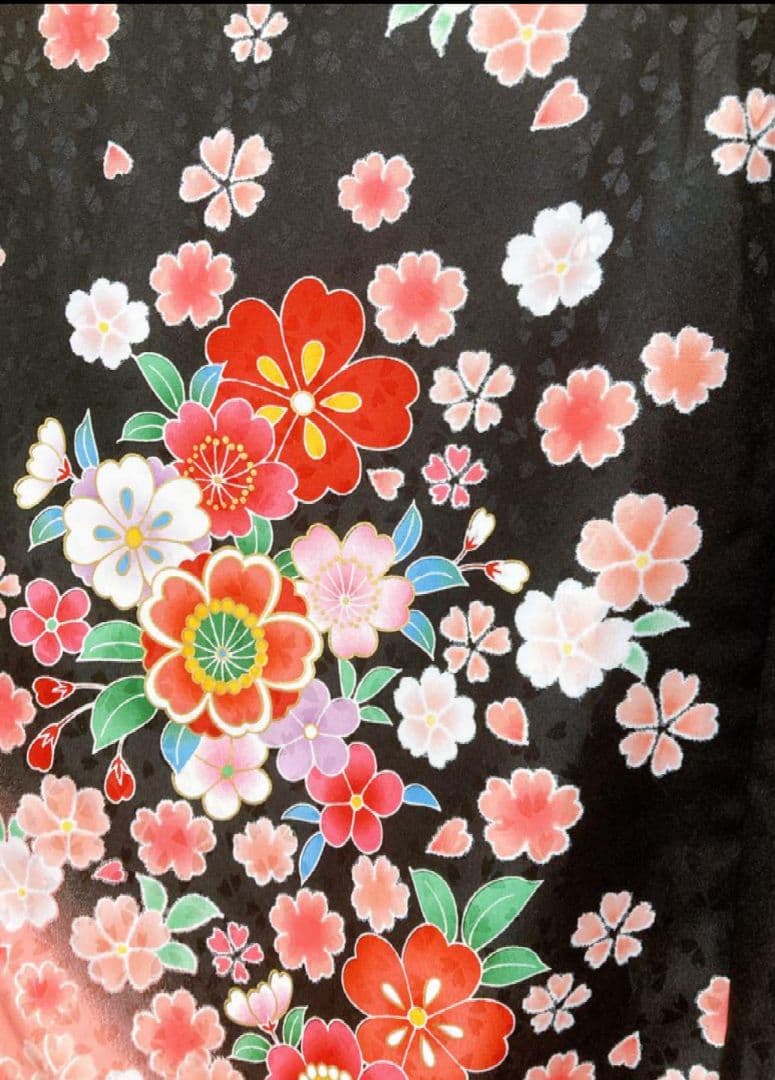 7歳用 花柄着物 黒・ピンク