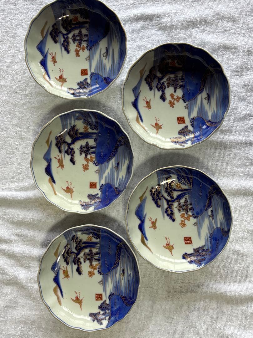 古伊万里　染錦風景画五寸皿5枚セット　なます皿　アンティーク骨董品