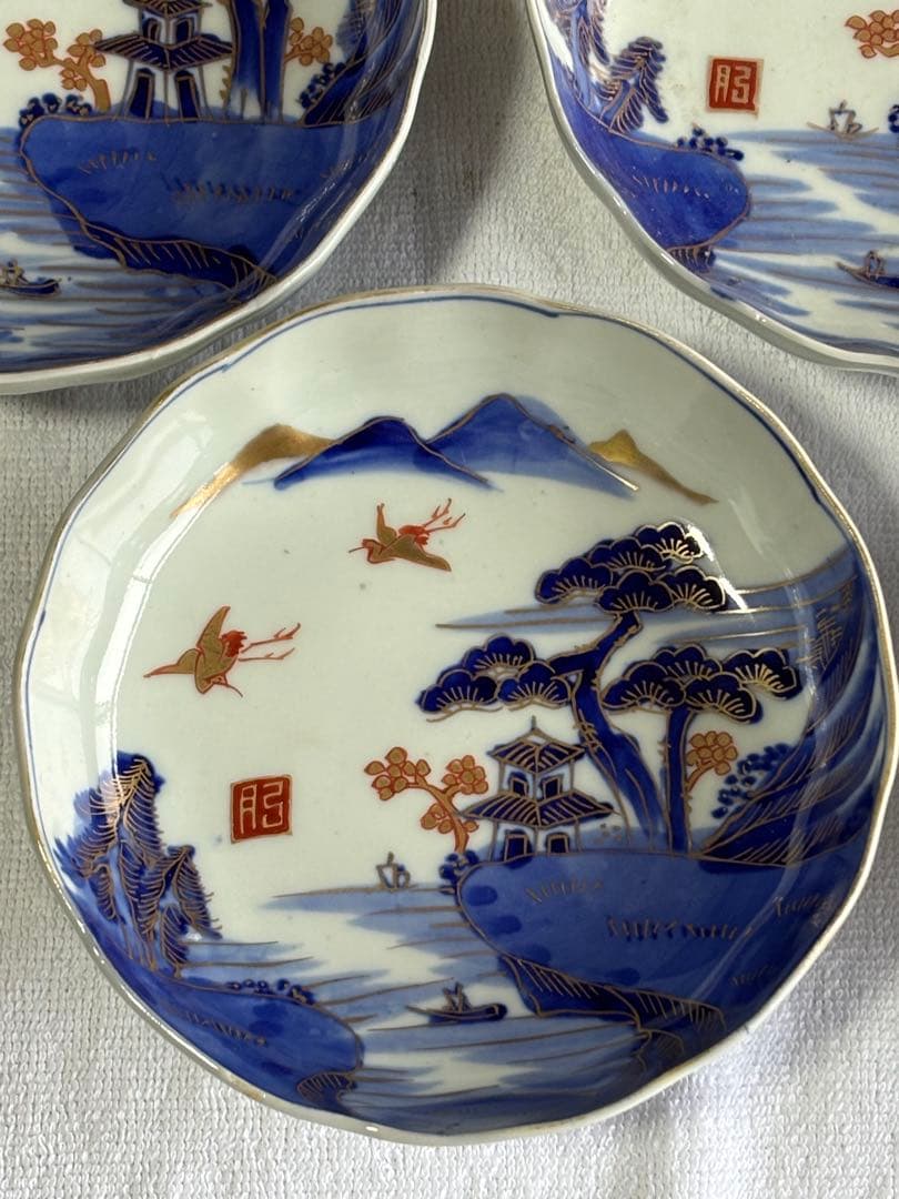 古伊万里　染錦風景画五寸皿5枚セット　なます皿　アンティーク骨董品