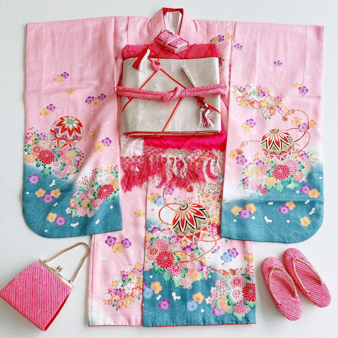 フルセット　七五三７歳女の子　化繊　ピンク地　毬花　袋帯銀　簡単半襟　7122