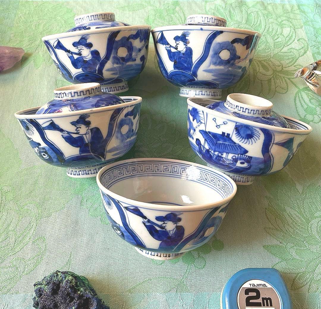 幕末明治　異人　外来船　蓋付きご飯茶碗　5客