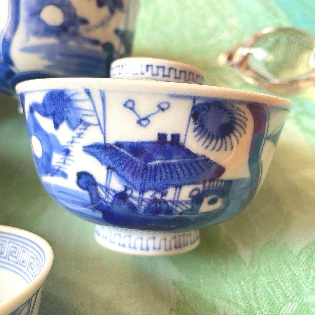 幕末明治　異人　外来船　蓋付きご飯茶碗　5客