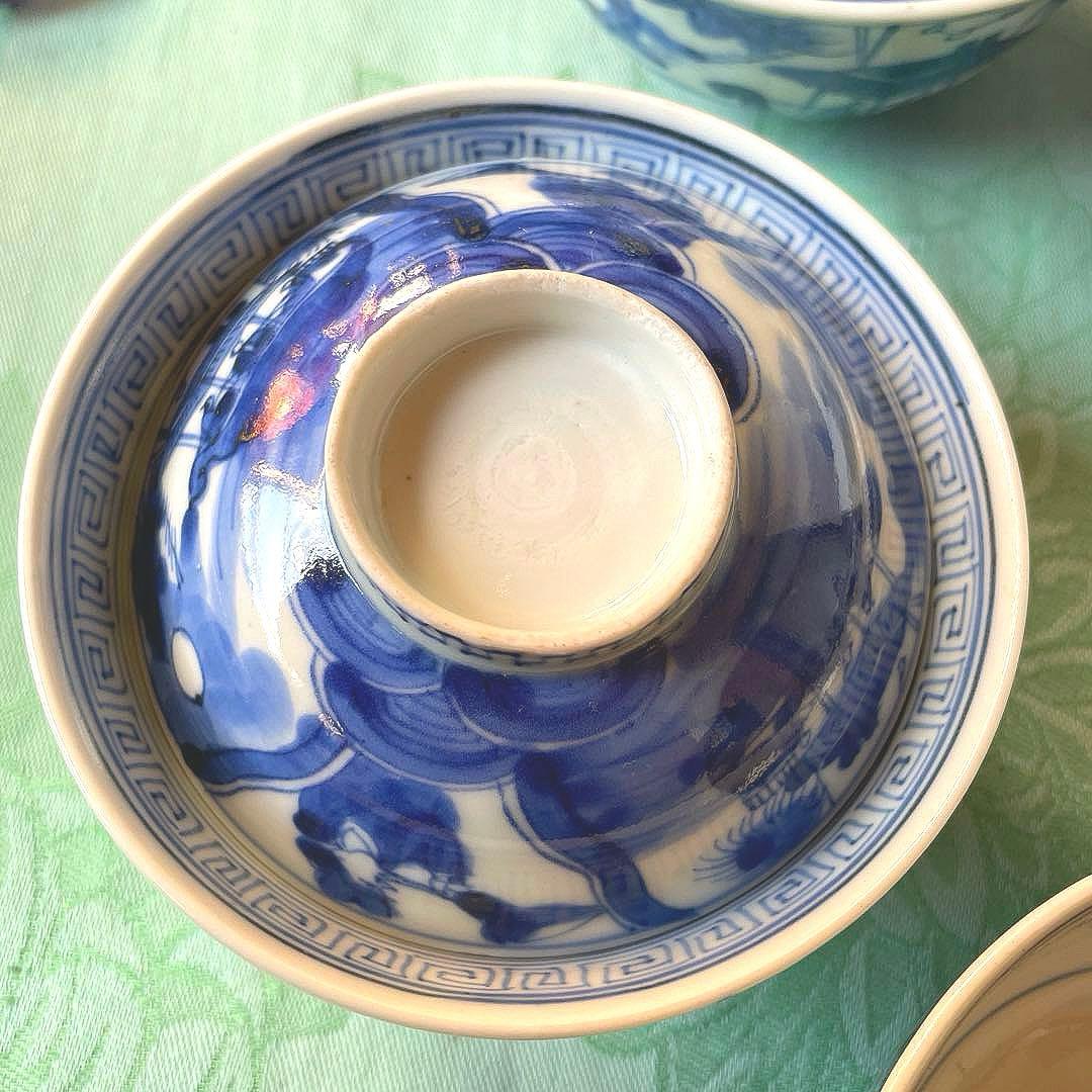 幕末明治　異人　外来船　蓋付きご飯茶碗　5客