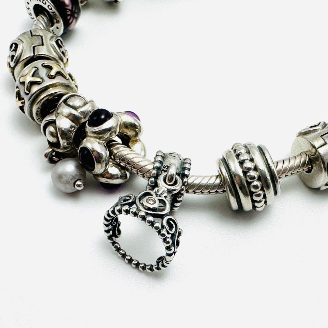 PANDORA シルバーブレスレット　チャーム16個付き　ティアラ　クロス