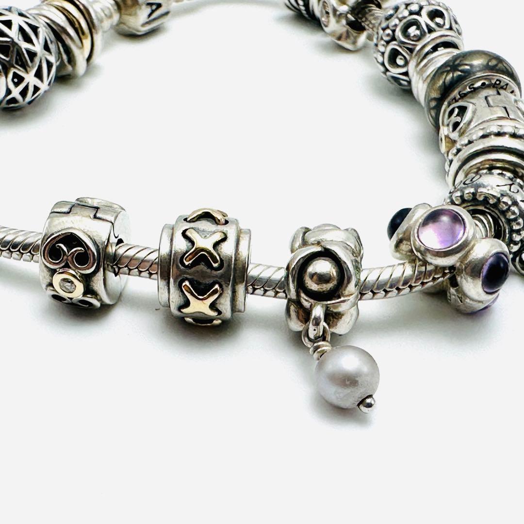 PANDORA シルバーブレスレット　チャーム16個付き　ティアラ　クロス