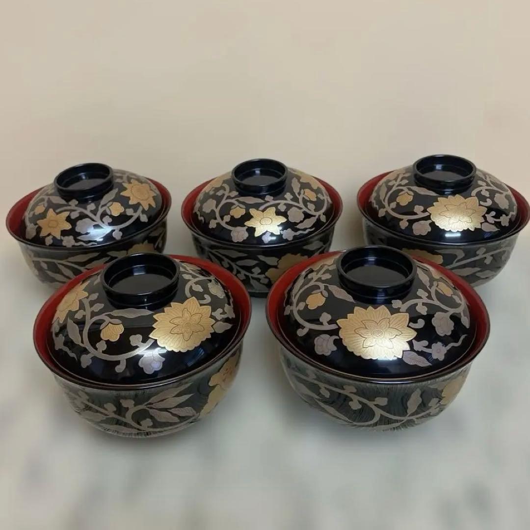 長寛字牡丹唐草　煮物椀　美品　京都老舗漆器　アソベ光石漆器店製　送料込み