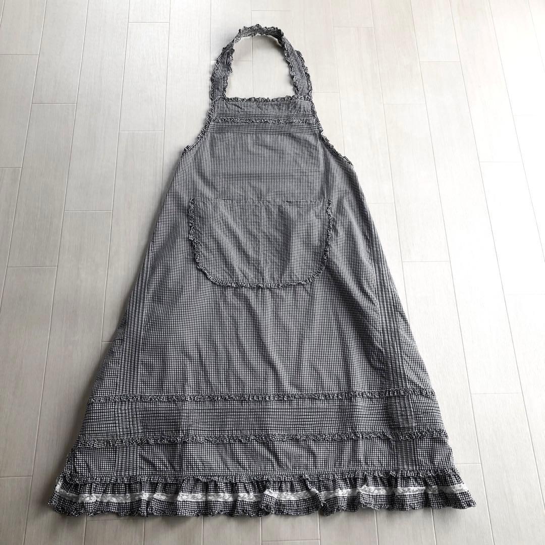 ピンクハウス 白×黒 チェック柄 ピンタック ピコフリル エプロン タブリエ
