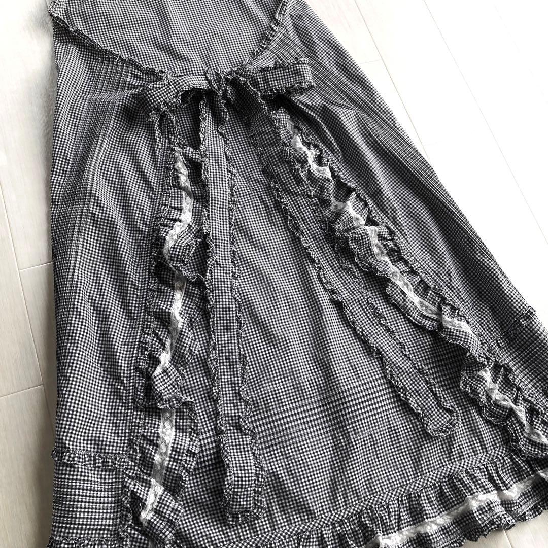 ピンクハウス 白×黒 チェック柄 ピンタック ピコフリル エプロン タブリエ
