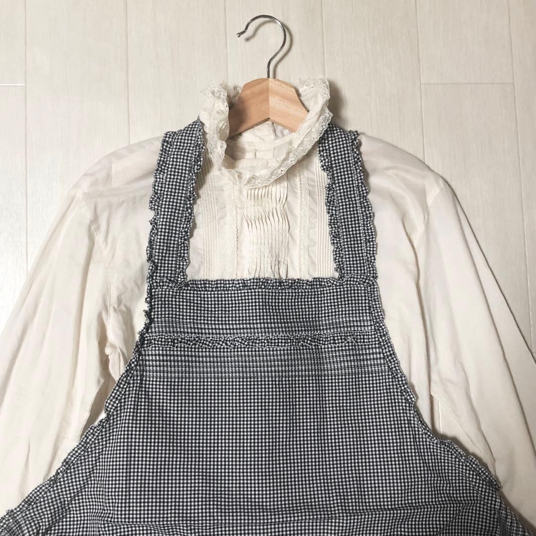 ピンクハウス 白×黒 チェック柄 ピンタック ピコフリル エプロン タブリエ