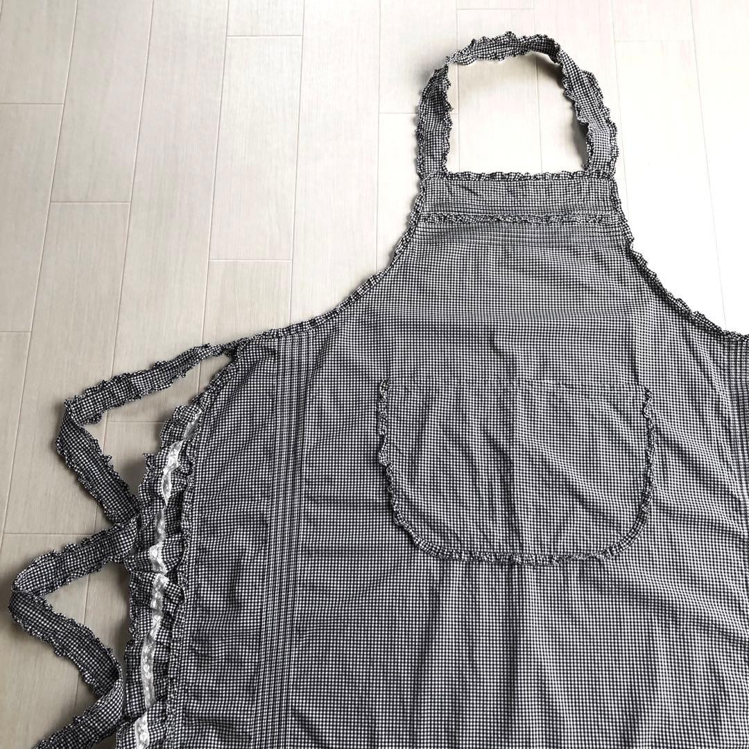 ピンクハウス 白×黒 チェック柄 ピンタック ピコフリル エプロン タブリエ