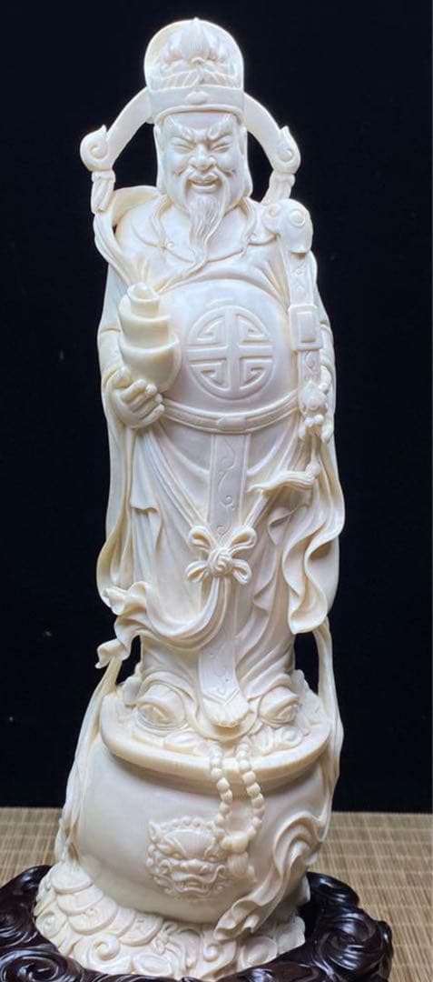 天然マンモス牙美しい手作り彫刻財神爺·招財進宝置物