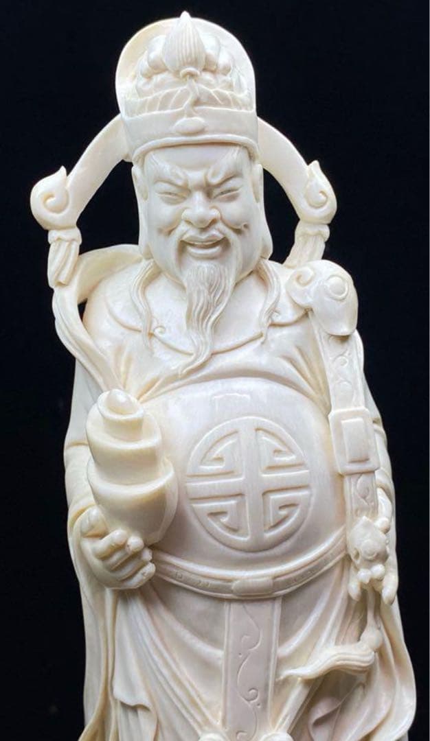 天然マンモス牙美しい手作り彫刻財神爺·招財進宝置物