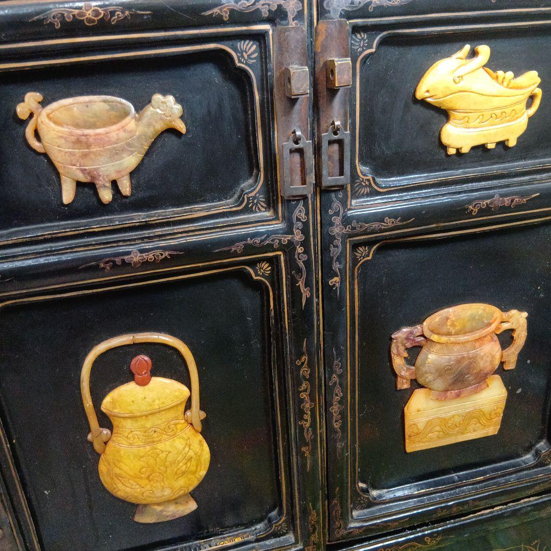 時代物　中国家具　玉入漆金彩キャビネット　アジアン家具