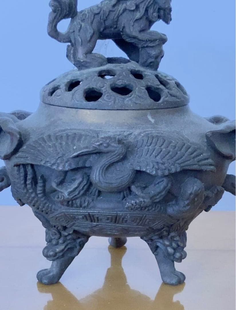 中華街名家　香炉唐金中国 乾隆年製1740年頃　象鼻耳獅子摘蓋透彫蓋獅子三足
