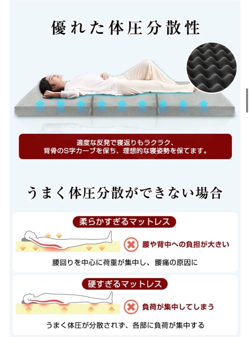 シングル 三つ折り マットレス 硬め　厚さ10cm 高密度 高反発 折りたたみ