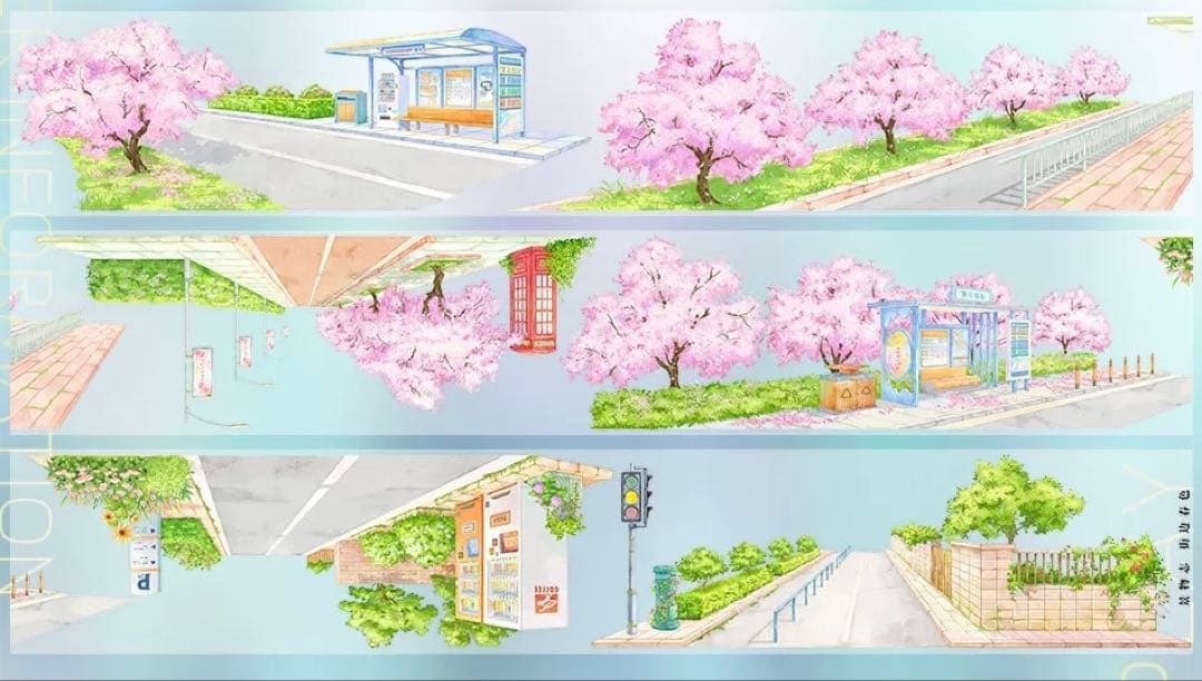 【9496】海外　5m巻　PETマスキングテープ　春　街景色　道路　背景系