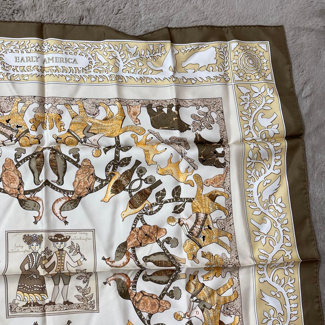 HERMES　スカーフ　カレ90　EARLY AMERICA 動物柄　茶系