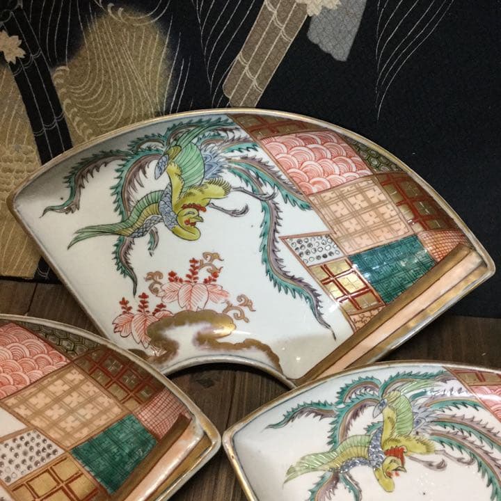古伊万里　絵皿　金欄色絵　鳳凰桐紋　富貴長春　5客　江戸　大聖寺・九谷焼好きも