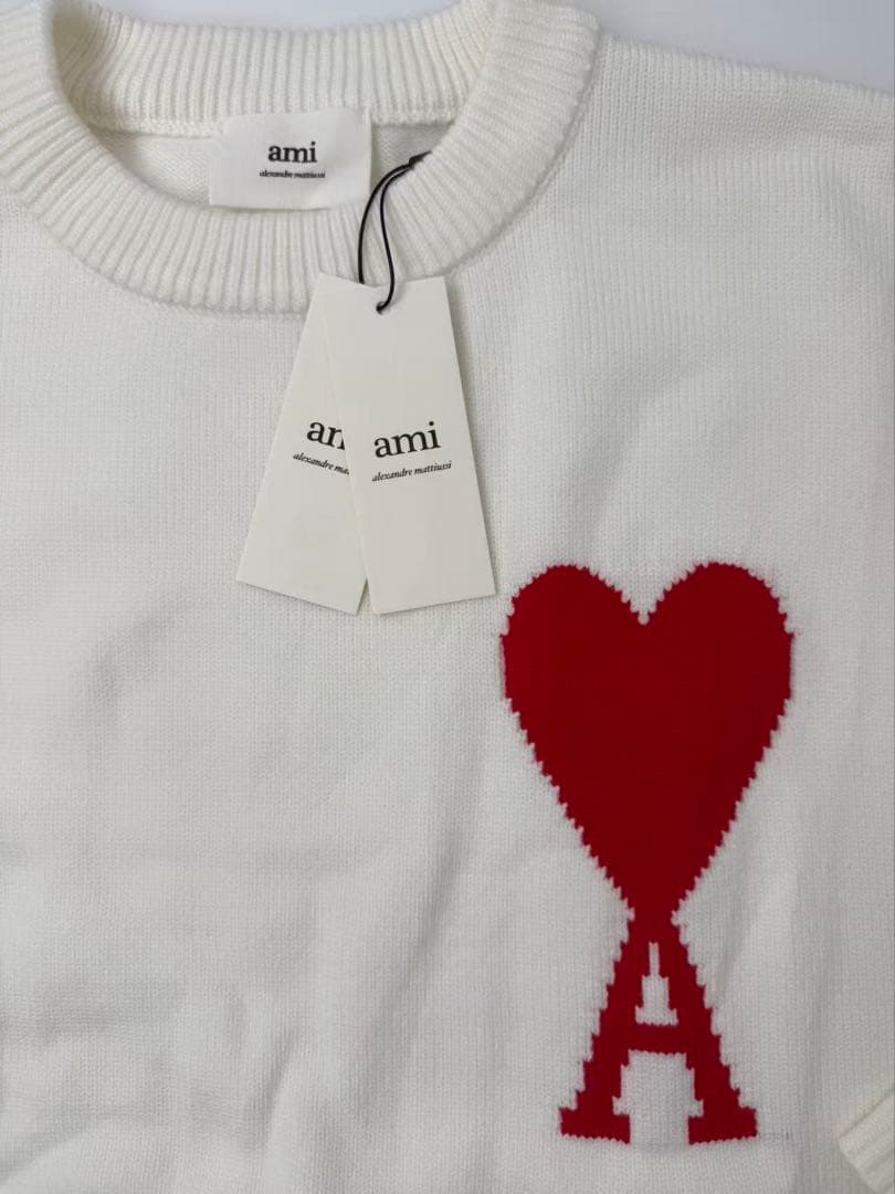 ami ホワイト ニットセーター 長袖 ハート刺繍